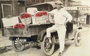 Bryan Kruse, father of William Kruse, sells apples in the southwest Missouri area. The exact date is unkown, but the license plate indicates the photograph was taken circa 1925.